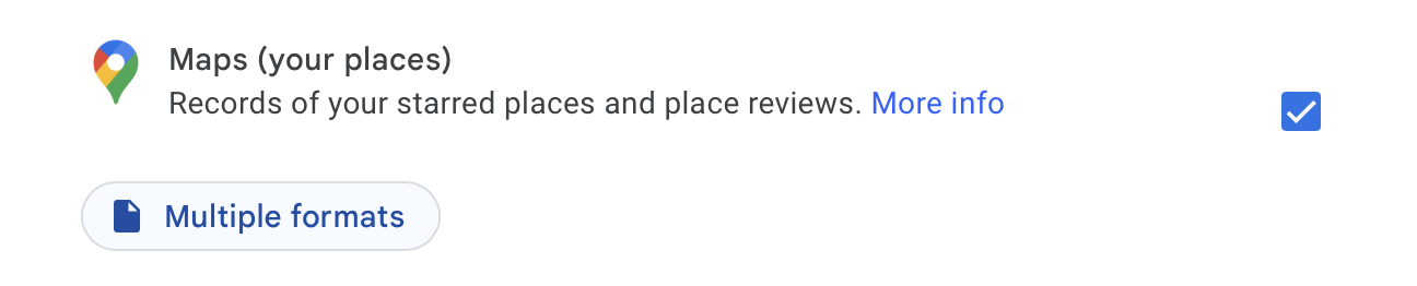 Google Takeout download options for Maps data