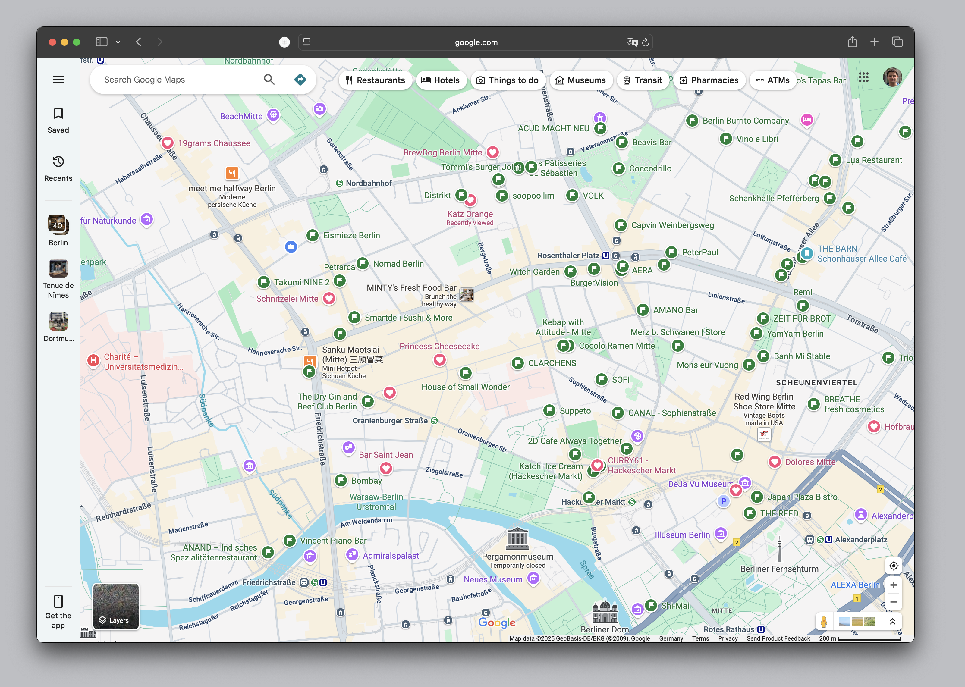 Google Maps Interface showing map with saved locations